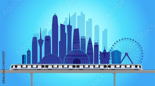 Photography Vector illustration of skyline buildings in Dawan District, Guangdong, Hong Kong