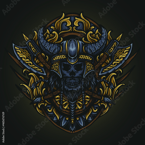 artwork illustration and t shirt design  viking skull  engraving ornament