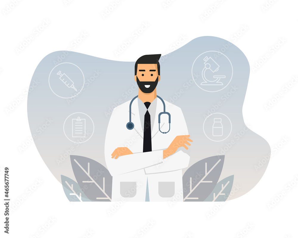 Doctor. Médico hombre. Concepto de profesional de la salud, masculino. Ilustración vectorial, estilo portada