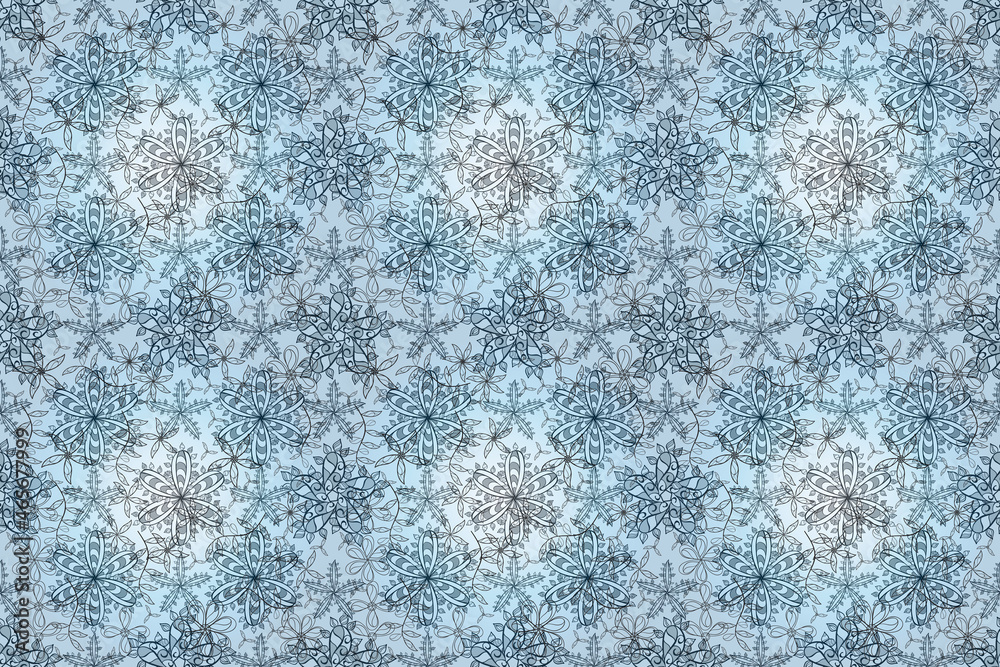 Pattern with interesting doodles on colorfil background. Pano. Raster illustration.