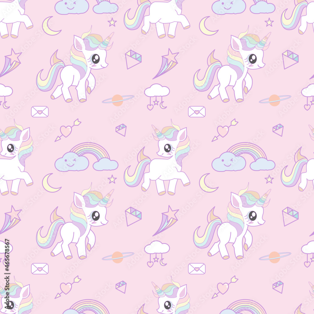 Fototapeta premium Cute unicorn decorated with rainbow, diamond, heart shape and cloud seamless pattern on sky blue background.