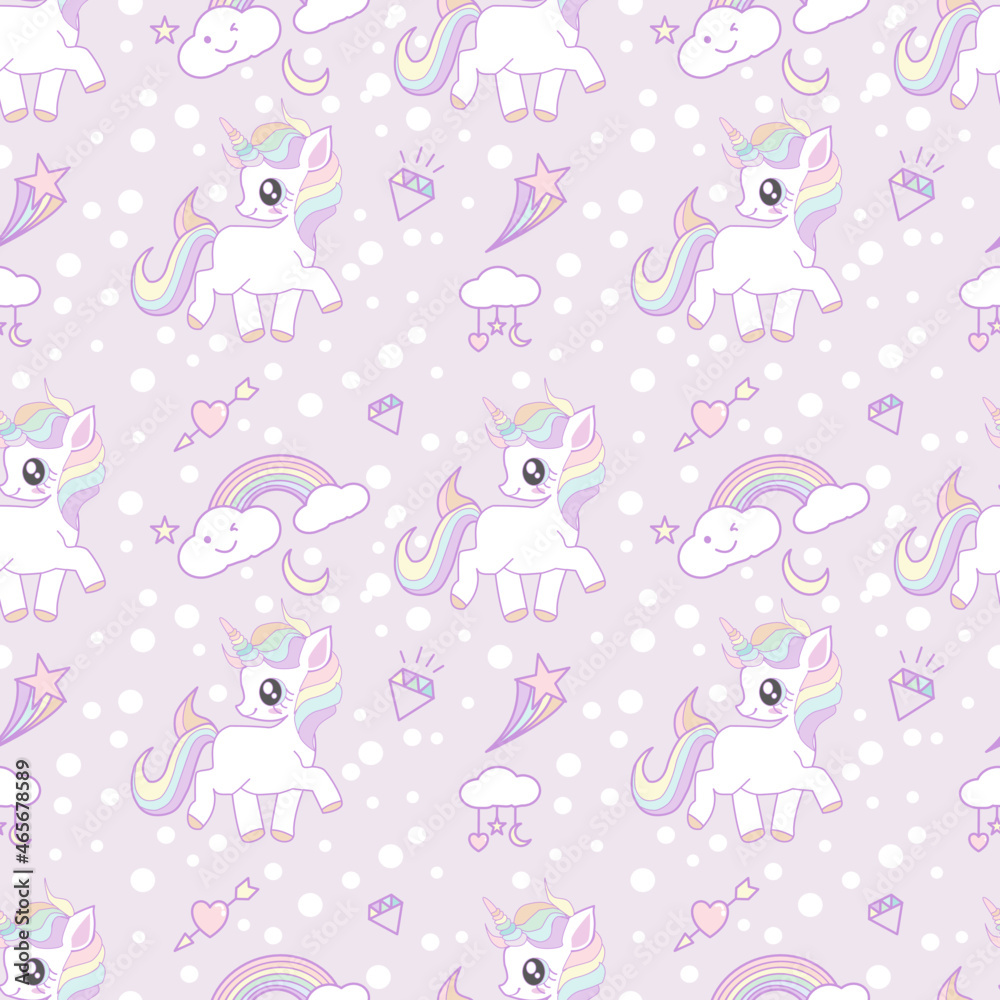 Fototapeta premium Cute unicorn seamless pattern decorated with rainbow, diamond, heart shape, star and on dark purple background