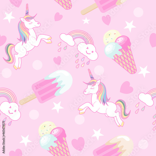 Vector pattern with cute unicorns, ice cream, polka dot,heart  and stars on pink background