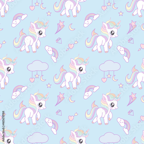 Cute  unicorn decorated with rainbow, diamond, heart shape and cloud seamless pattern on sky blue background.