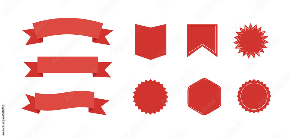 Ribbons banners. Set of red starburst. Red blank promo stickers. Sunburst badges, labels, sale tags. Vector illustration