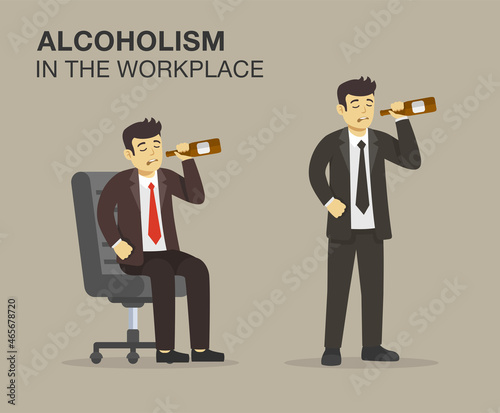Alcoholism in the workplace. Isolated sad manager or worker drinking alcohol at work. Drunk male character standing and sitting on armchair and holding bottle. Flat vector illustration template.
