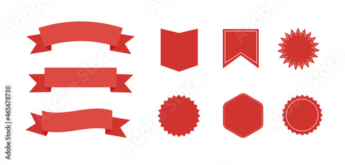 Ribbons banners. Set of red starburst. Red blank promo stickers. Sunburst badges, labels, sale tags. Vector illustration