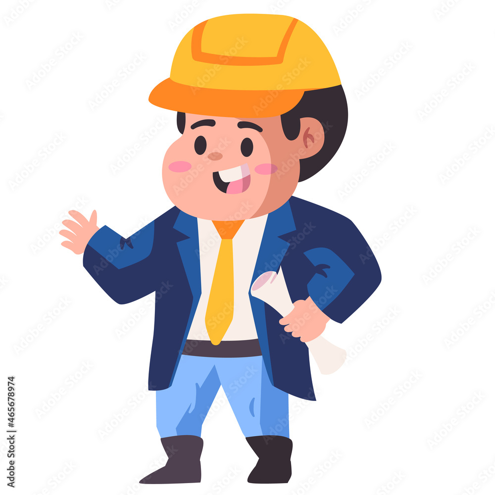 Architect with yellow hardhat hold architectural sketch kids children play role cartoon modern cartoon background vector design illustration Architect with yellow hardhat hold architectural sketch kids children play role cartoon modern cartoon background vector design illustration