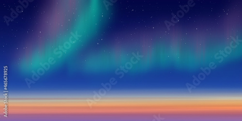 Fantasy on the theme of the northern landscape. Sunset and polar lights. Vector illustration, EPS10