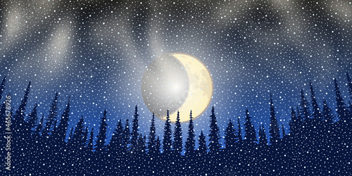 Winter night with moon, forest outline and snowfall