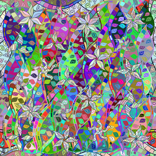 Fototapeta Naklejka Na Ścianę i Meble -  Seamless pattern with interesting doodles on colorfil background. Vector illustration.