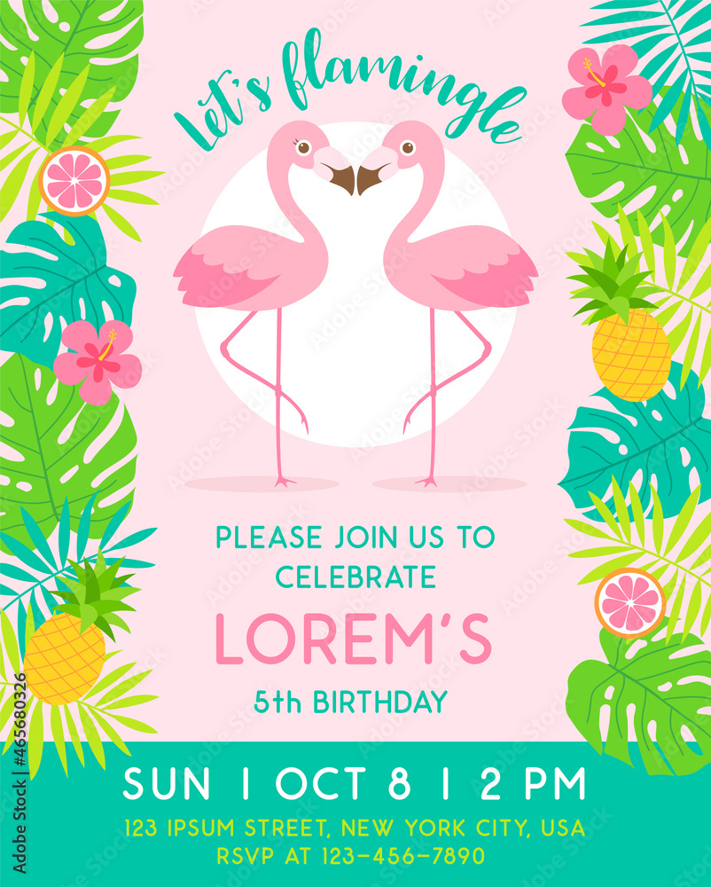 Flamingo couple and tropical leaf illustration for party invitation card template.