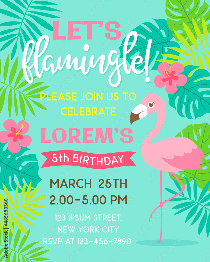 Flamingo and tropical leaf illustration for party invitation card template.