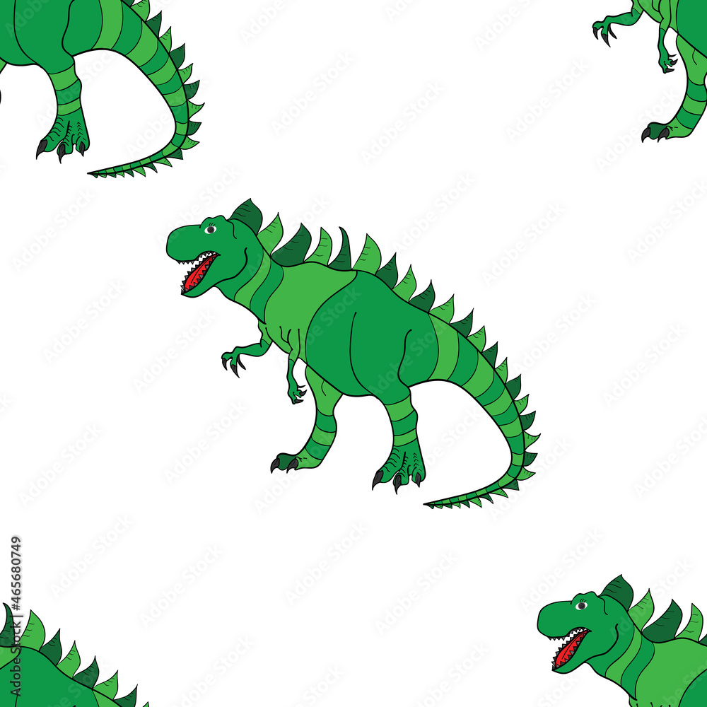 Fototapeta premium Geometric seamless pattern with dinosaurs. Colored lizard-like dinosaurs for packaging or clothing. Saurischian dinosaurs.