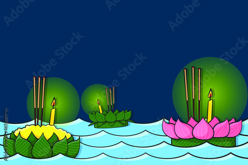 Kra Tong and river in drawing style vector. Colorful Thailand Loy Kra Tong fastival concept background.