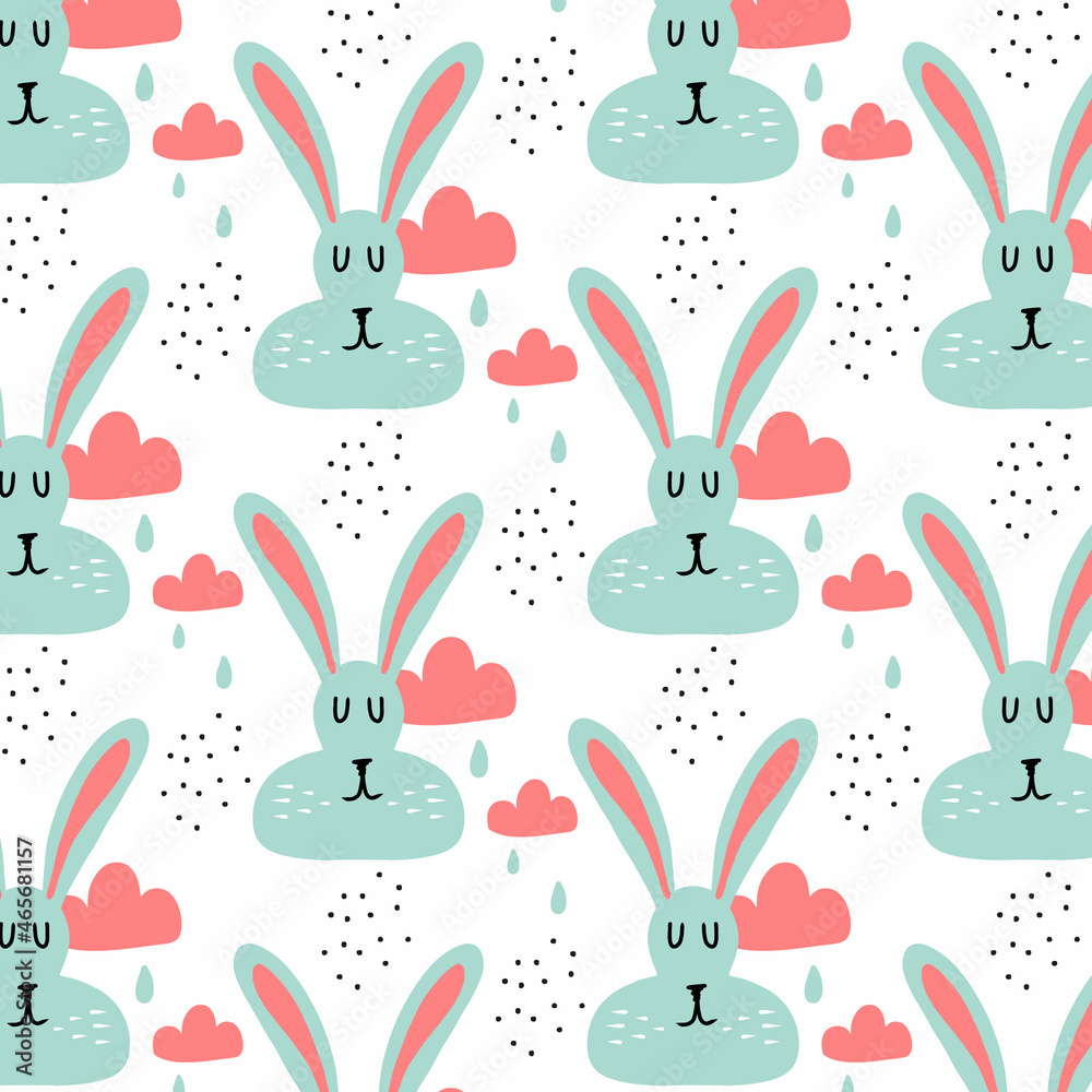 Fototapeta premium Childish hand-drawn seamless pattern with blue rabbit. Cute pattern with a hare. The pattern is suitable for wrapping thought, textiles, prints.