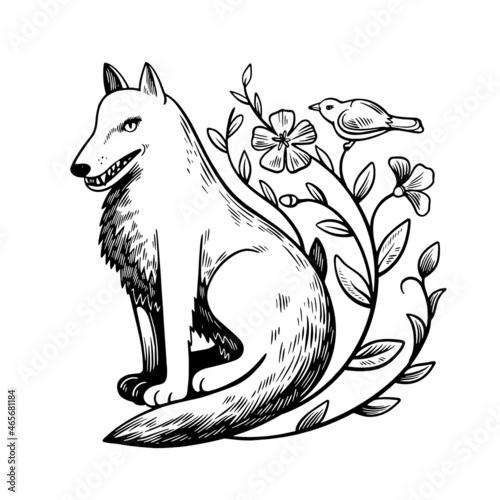 Cute cartoon wolf sitting near the blooming shrub with little bird on the branch. Vector zentangl coloring antistress book. Black and white. photo