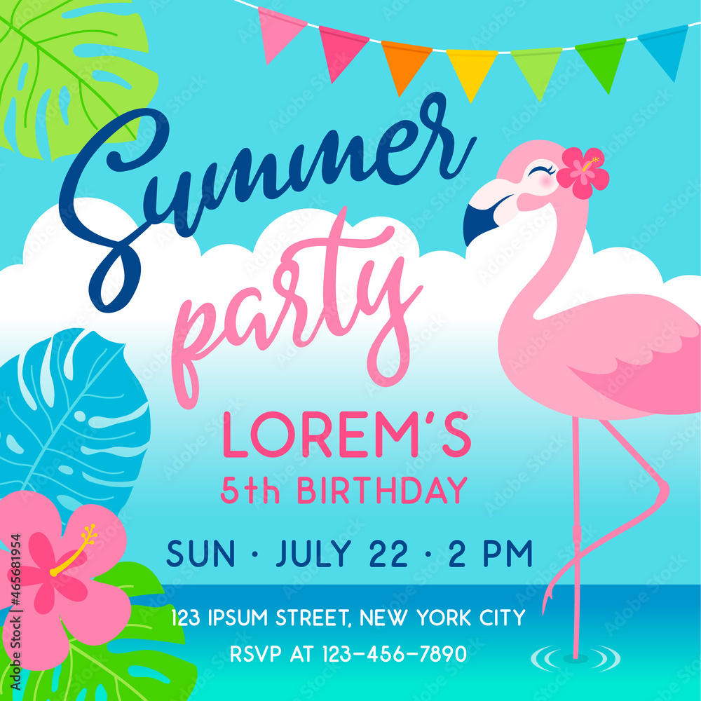 Fototapeta premium Cute flamingo with sea and sky background illustration for party invitation card template.