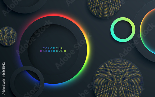 Abstract black circle dimension background with colorful neon light
