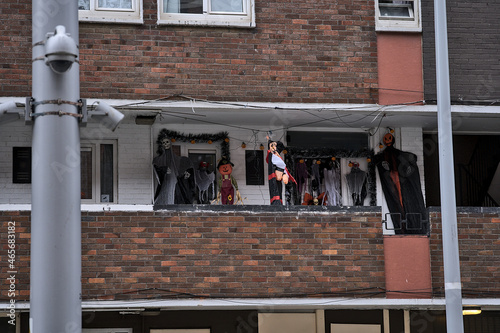 Beautiful and spooky Halloween decor on long balcony of house in Dublin City Centre. Halloween 2021 decoration, Dublin, Ireland