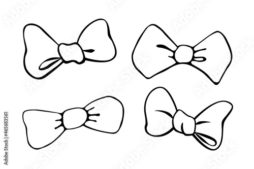 Set of vector outline bows, ribbons. Doodles, coloring book, hand drawn. Simple clip art for Easter xmas birthday Valentines Day, girls design