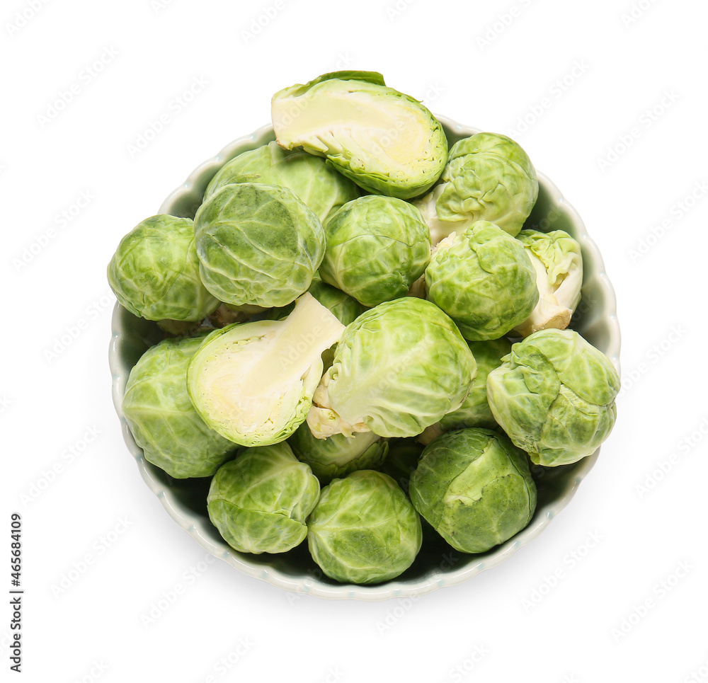 Bowl with fresh raw Brussels sprouts on white background Bowl with fresh raw Brussels sprouts on white background