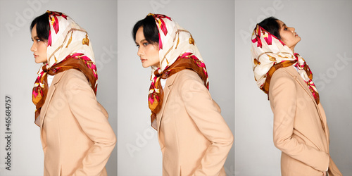 Half Body Portrait of 20s Eastern European Woman brown hair wear coat scarf. Caucasian