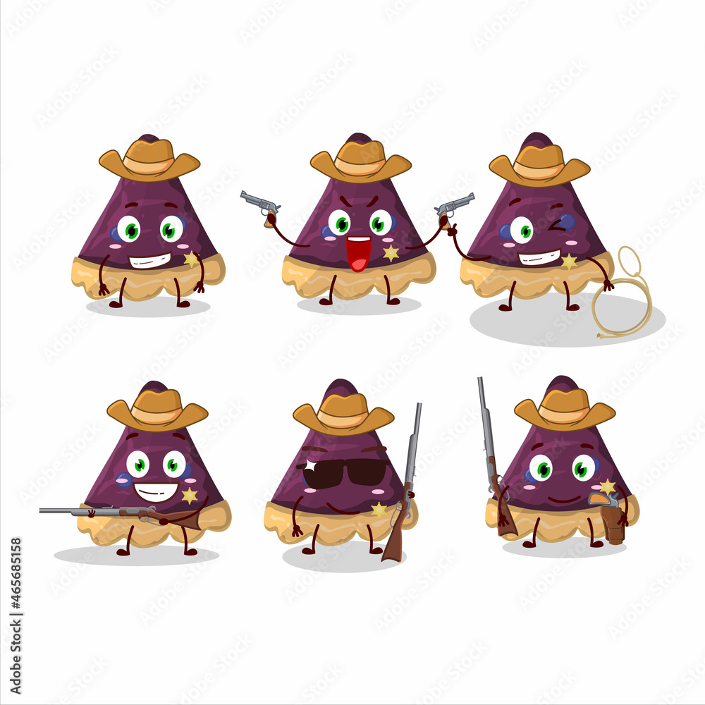 Cool cowboy slice of blueberry pie cartoon character with a cute hat Cool cowboy slice of blueberry pie cartoon character with a cute hat
