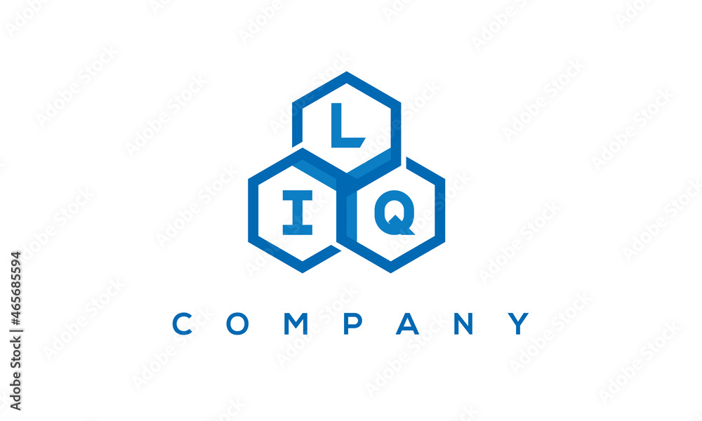 LIQ letters design logo with three polygon hexagon logo vector template