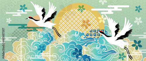 Modern oriental style background vector. Chinese and Japanese oriental line art with abstract art texture. Wallpaper design with sun, clouds and Flamingo. Ocean and wave wall art for home decoration.
