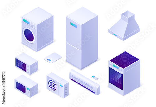 Isometric kitchen appliances electric home tech oven, hood, microwave and washing machine with floor scales and conditioner with refrigerator. Household technics, equipment, isolated 3d vector set