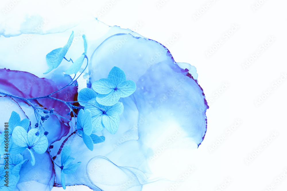 Fototapeta Creative image of blue Hydrangea flowers on artistic ink background. Top view with copy space