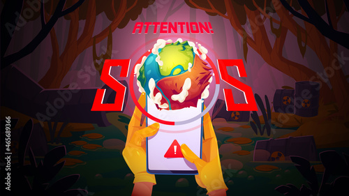 Save the planet ecological concept. Smartphone in hands, app show sos sign near polluted pond and pipe emitting water with toxic liquid. Environment protection, eco conservation vector illustration