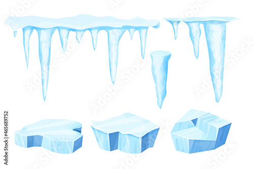 Set Ice floe, frozen water piece, iceberg and icicles in cartoon style isolated on white background. Collection polar landscape element, ui game asset. Winter decoration.