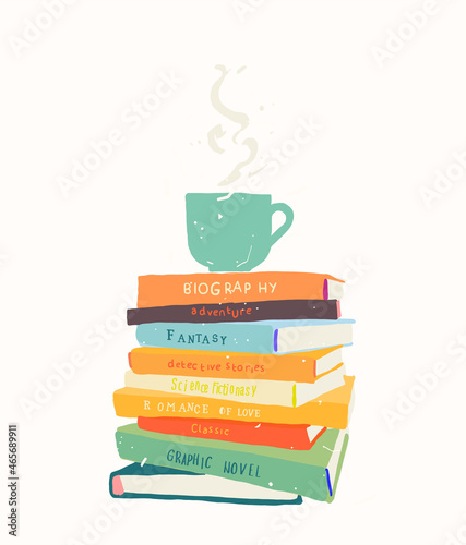 a Cup of coffee is on a stack of books.