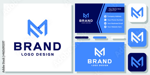 Initial Letter F M Monogram Strong Geometric Blue Modern Logo Design with Business Card Template