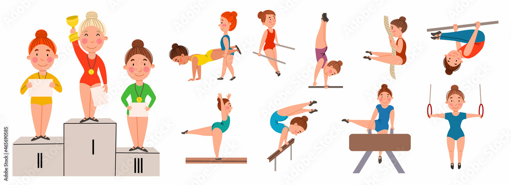 A set of vector illustrations of girls engaged in gymnastics. Children play sports. Stretching and strength exercises. Vector illustration in a flat style on a white isolated background.