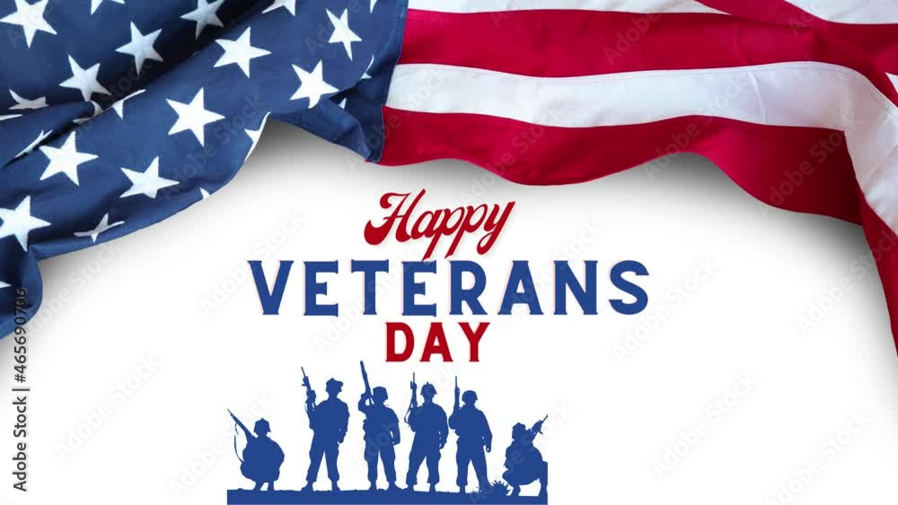 Happy veterans day text animation with USA military icons and the Flag of the USA
