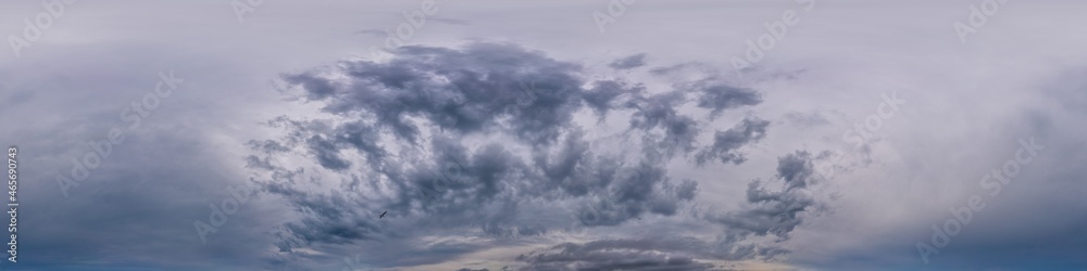 Sky panorama on overcast rainy day with Nimbostratus clouds in seamless spherical equirectangular format. Full zenith for use in 3D graphics and sky replacement in aerial drone 360 degree panoramas