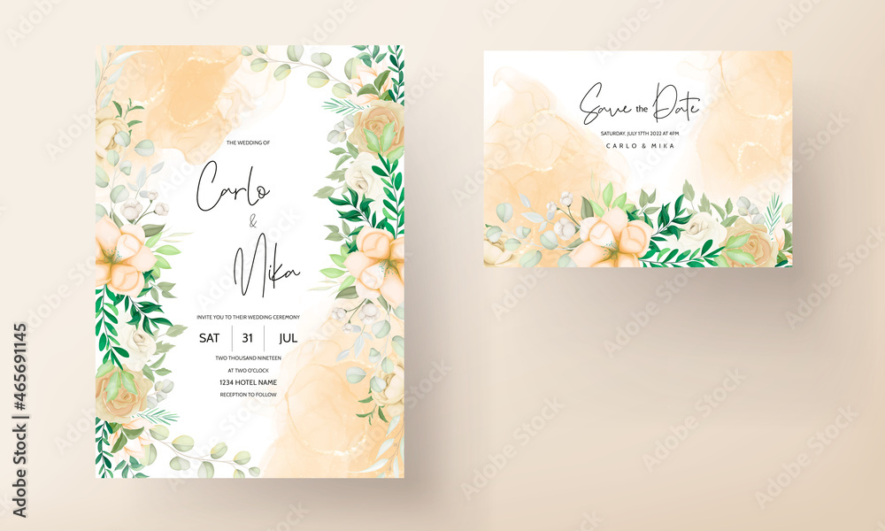 beautiful hand drawing floral wedding invitation card template