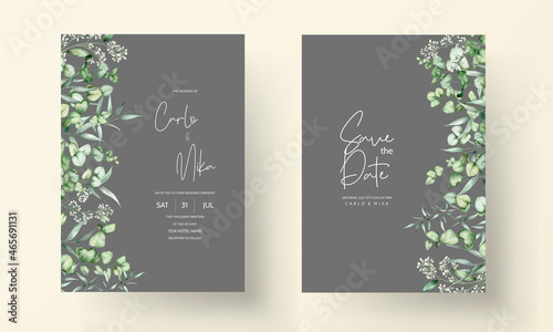 beautiful hand drawing watercolor leaves wedding invitation card template