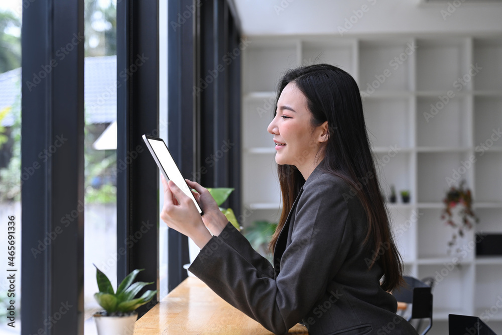 Smiling businesswoman sitting near window in office and using digital tablet.