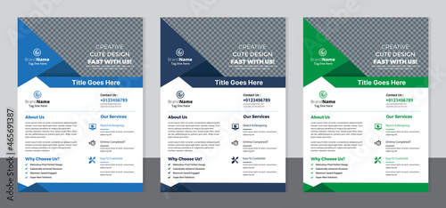Set of 3 color variation flyer, brochure cover modern layout, annual report, poster, pamphlet template design, letter and a4 size.