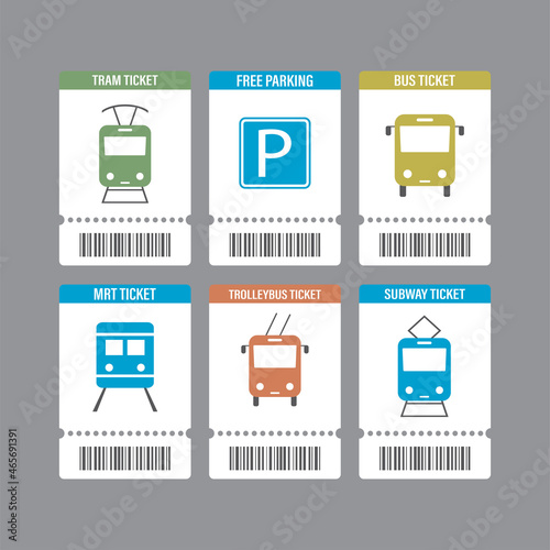 Tickets for travel on public transport. Set of six paper tickets with pictograms and barcode. Design template for web, print.