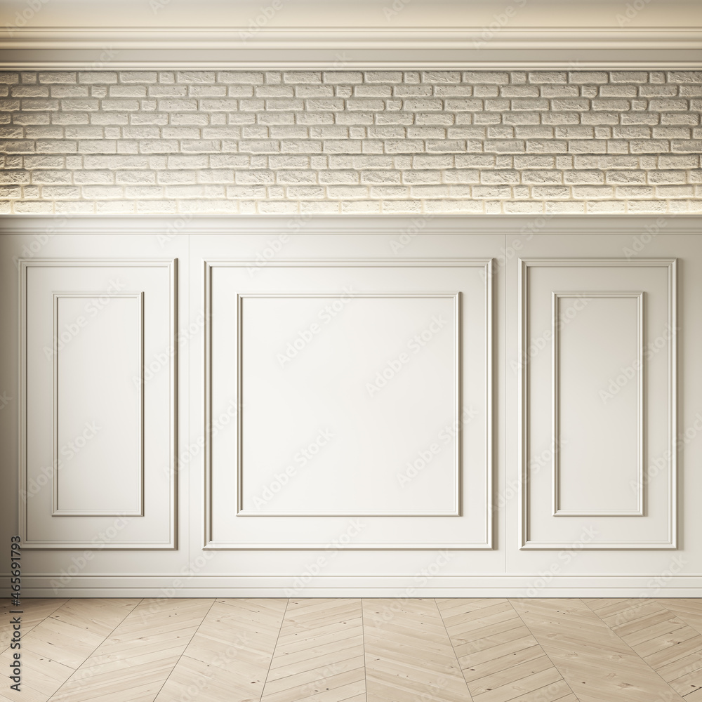 Classic loft interior with white wall panel, moldings and brick wall. 3d render illustration mockup. Classic loft interior with white wall panel, moldings and brick wall. 3d render illustration mockup.