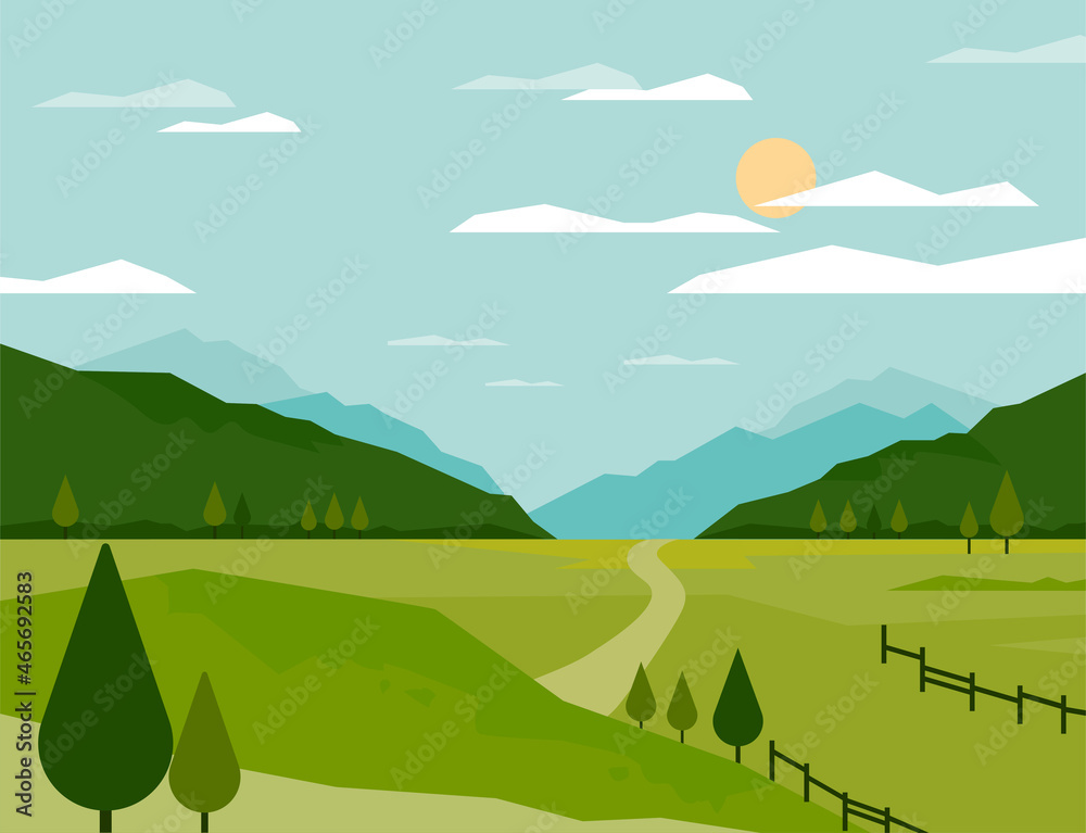 Fototapeta premium Natural landscape with wide meadows. flat design style vector illustration.
