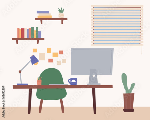 Workroom interior with computer desk. flat design style vector illustration.