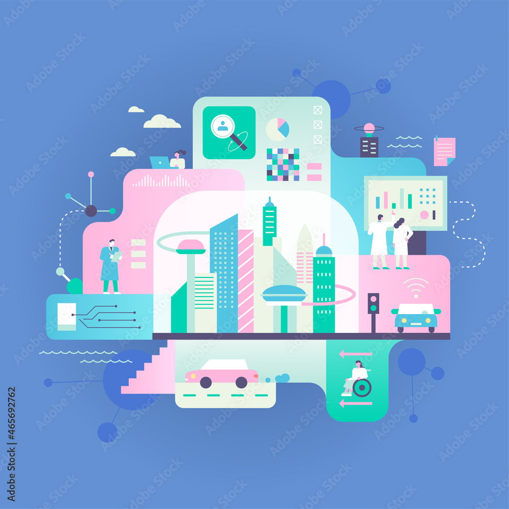 City and digital technology banner concept. flat design style vector illustration.
