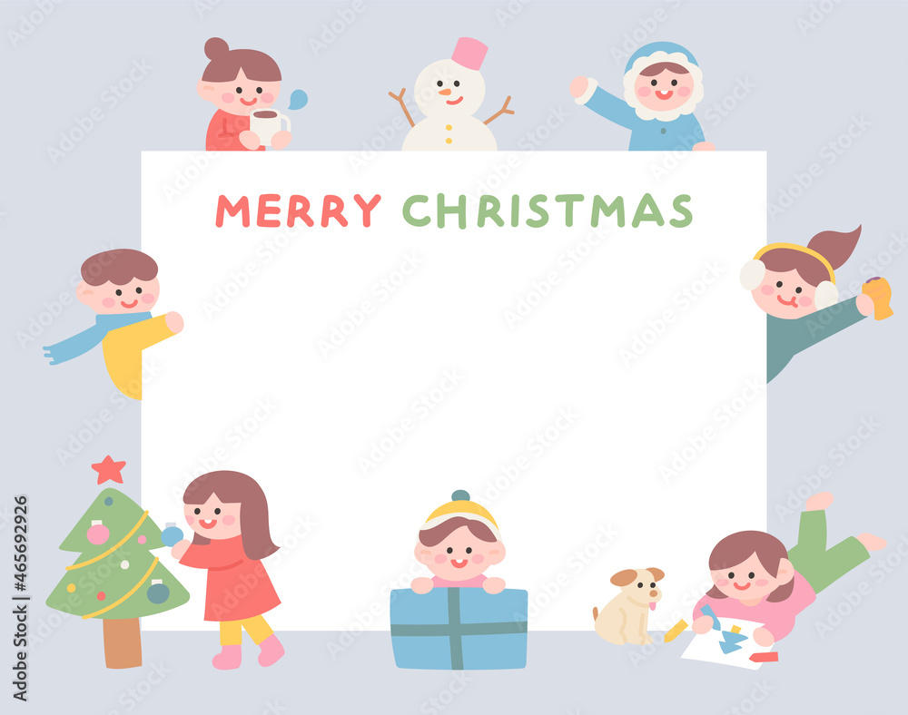 Cute children say Christmas greetings around a large white piece of paper. flat design style vector illustration.