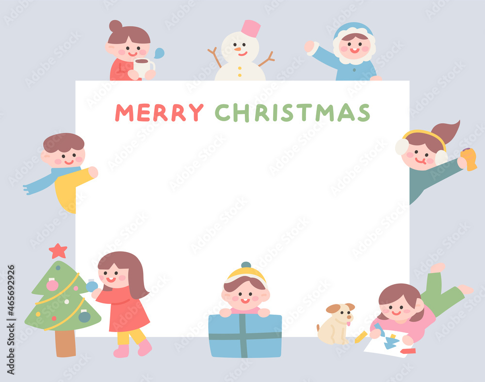 Cute children say Christmas greetings around a large white piece of paper. flat design style vector illustration. Cute children say Christmas greetings around a large white piece of paper. flat design style vector illustration.